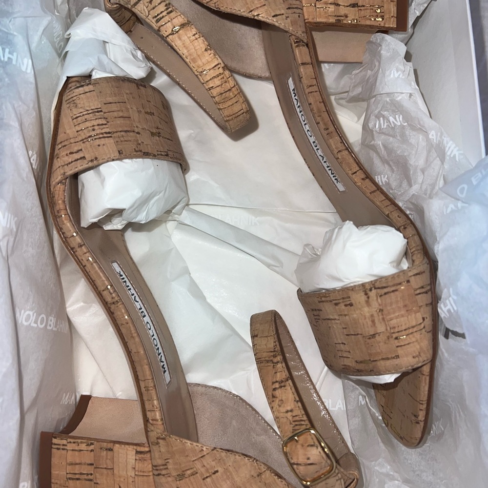 Brand new, in box with price tag and dust bag, Manolo Blahnik Gold Cork shoes.